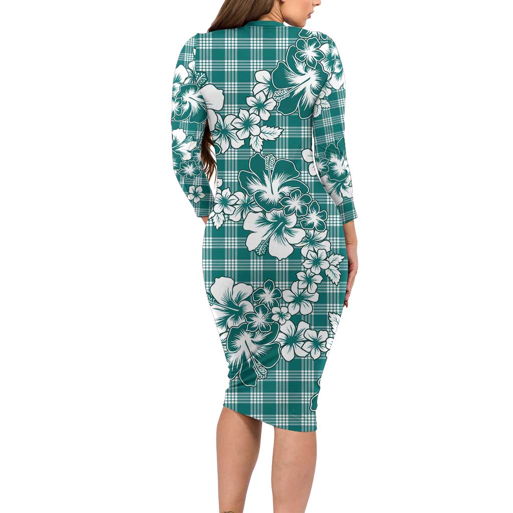 Hibiscus Pakala Aqua Teal Long Sleeve Bodycon Dress Tropical Floral Stylized - Polynesian Pride