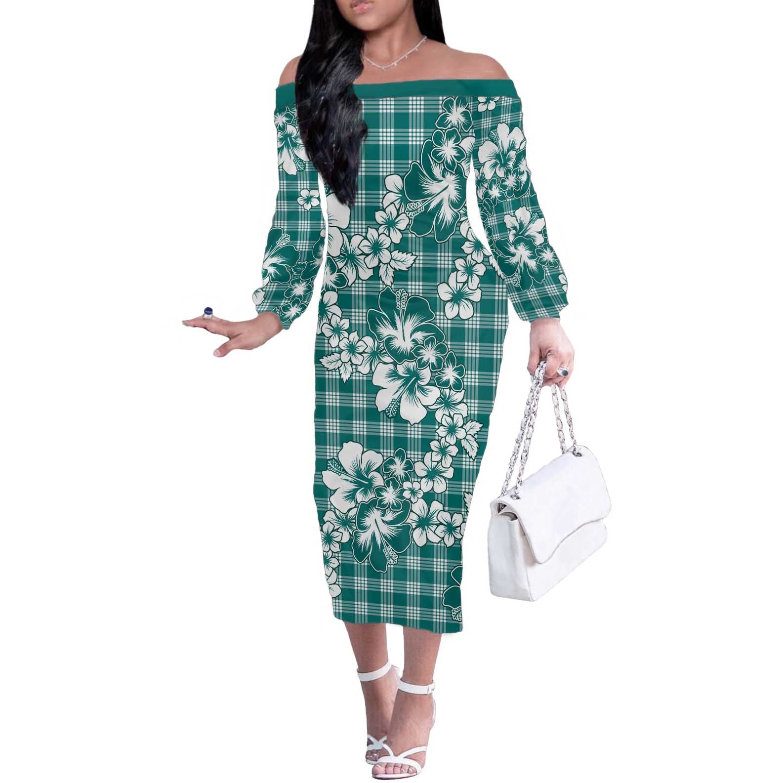 Hibiscus Pakala Aqua Teal Off The Shoulder Long Sleeve Dress Tropical Floral Stylized - Polynesian Pride