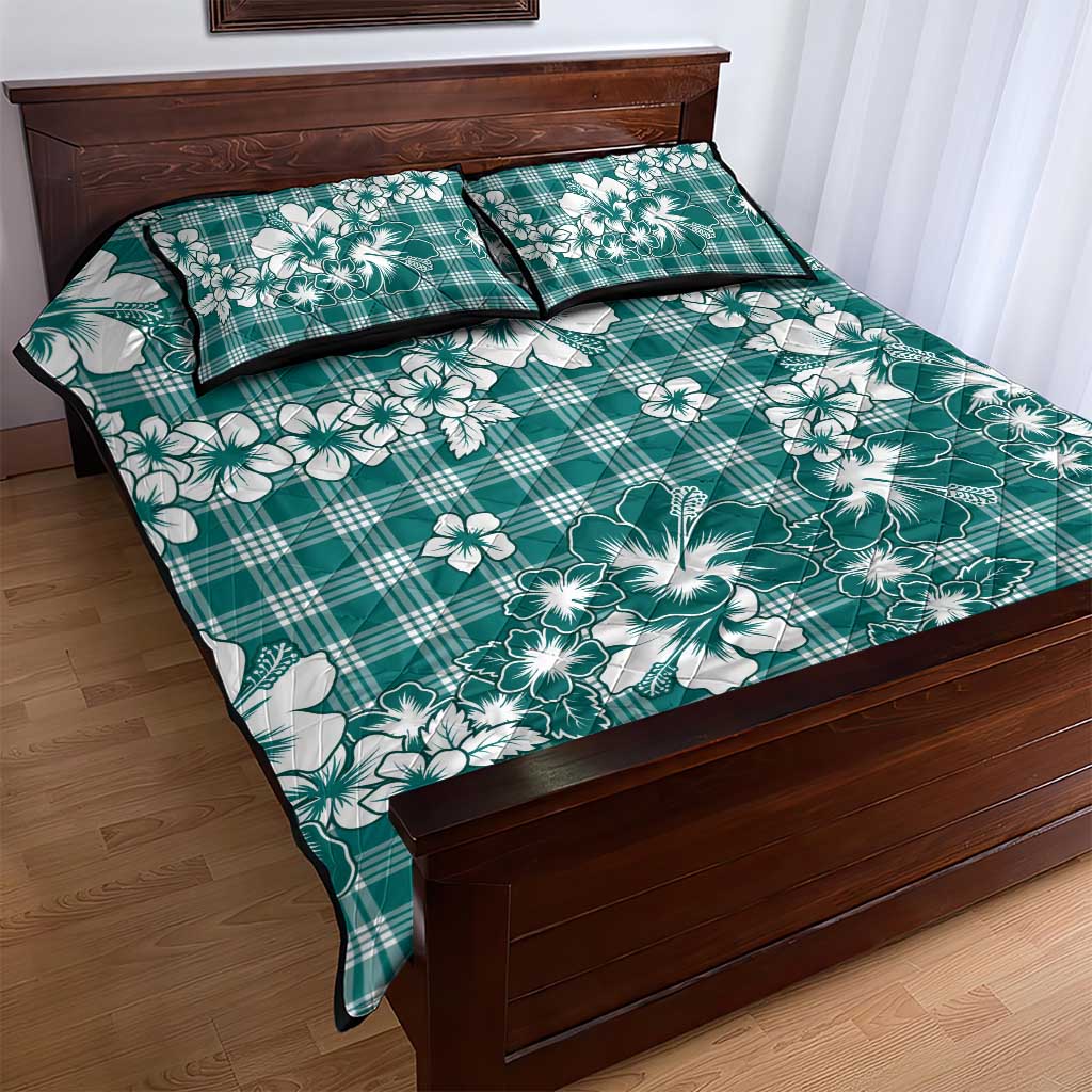 Hibiscus Pakala Aqua Teal Quilt Bed Set Tropical Floral Stylized - Polynesian Pride