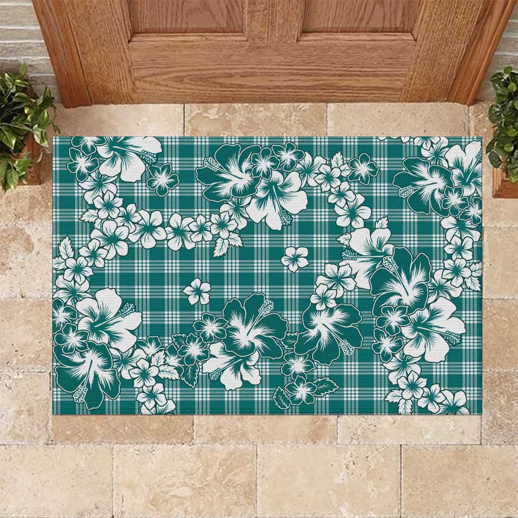 Hibiscus Pakala Aqua Teal Rubber Doormat Tropical Floral Stylized LT01 Teal - Polynesian Pride
