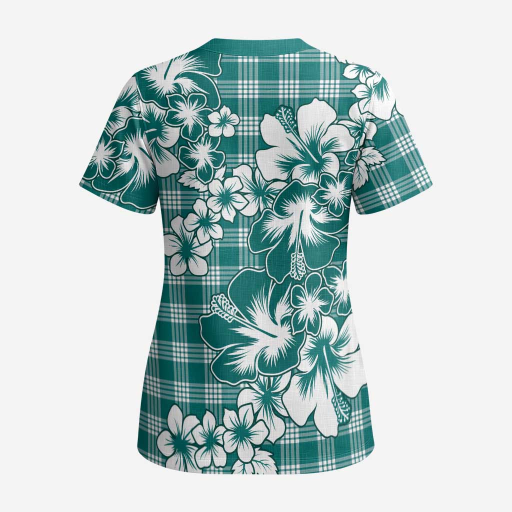 Hibiscus Pakala Aqua Teal Scrub Top Tropical Floral Stylized LT01 - Polynesian Pride