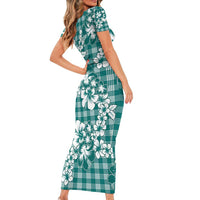 Hibiscus Pakala Aqua Teal Short Sleeve Bodycon Dress Tropical Floral Stylized - Polynesian Pride