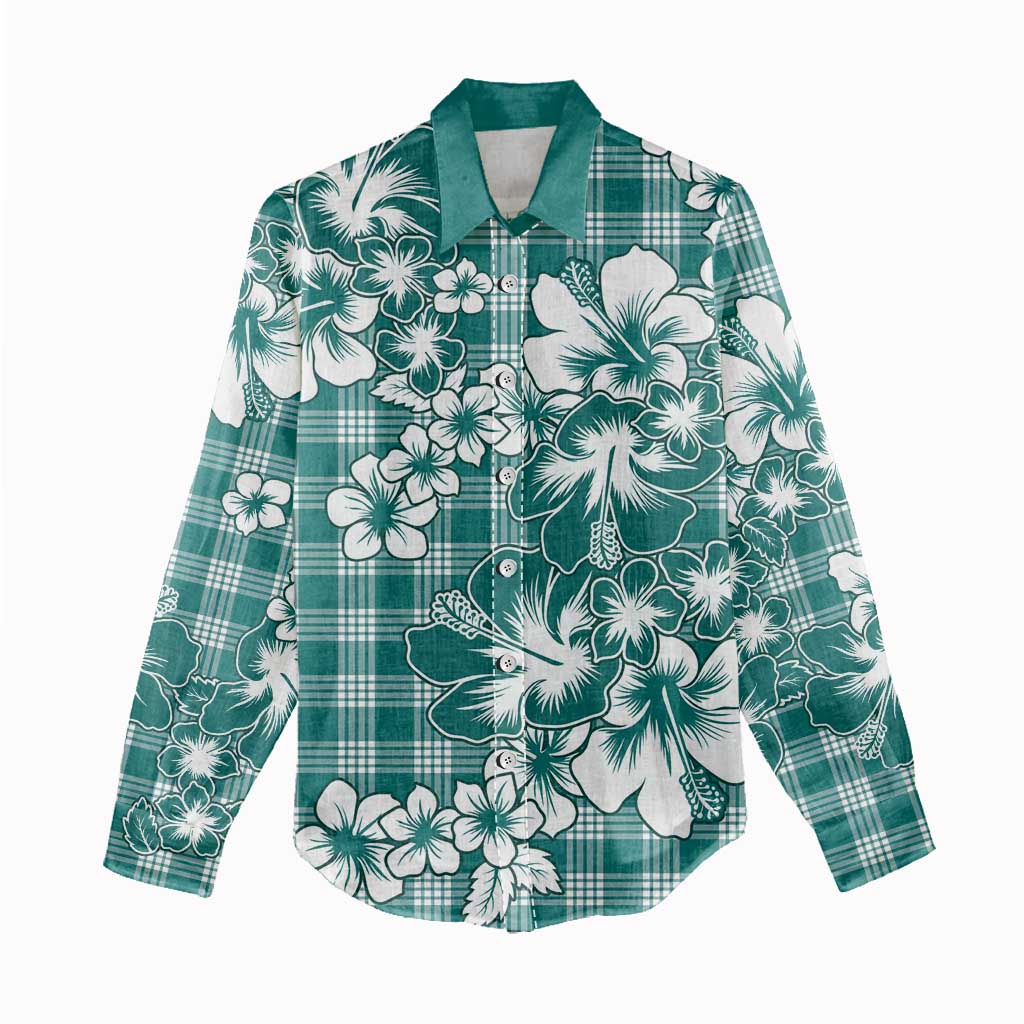 Hibiscus Pakala Aqua Teal Women Casual Shirt Tropical Floral Stylized - Polynesian Pride