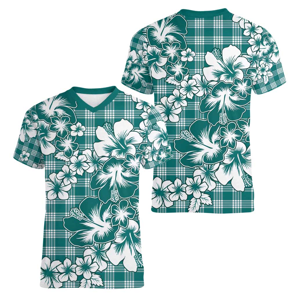 Hibiscus Pakala Aqua Teal Women V-Neck T-Shirt Tropical Floral Stylized - Polynesian Pride