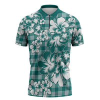 Hibiscus Pakala Aqua Teal Zipper Polo Shirt Tropical Floral Stylized - Polynesian Pride
