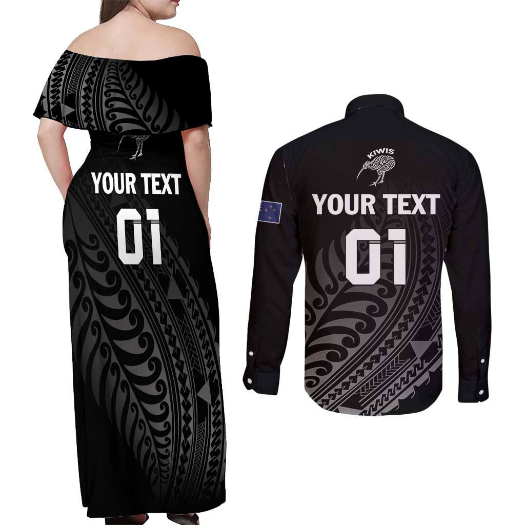 Custom New Zealand Cricket Couples Matching Off Shoulder Maxi Dress and Long Sleeve Button Shirt Maori Kiwi Black Fern LT01 - Polynesian Pride