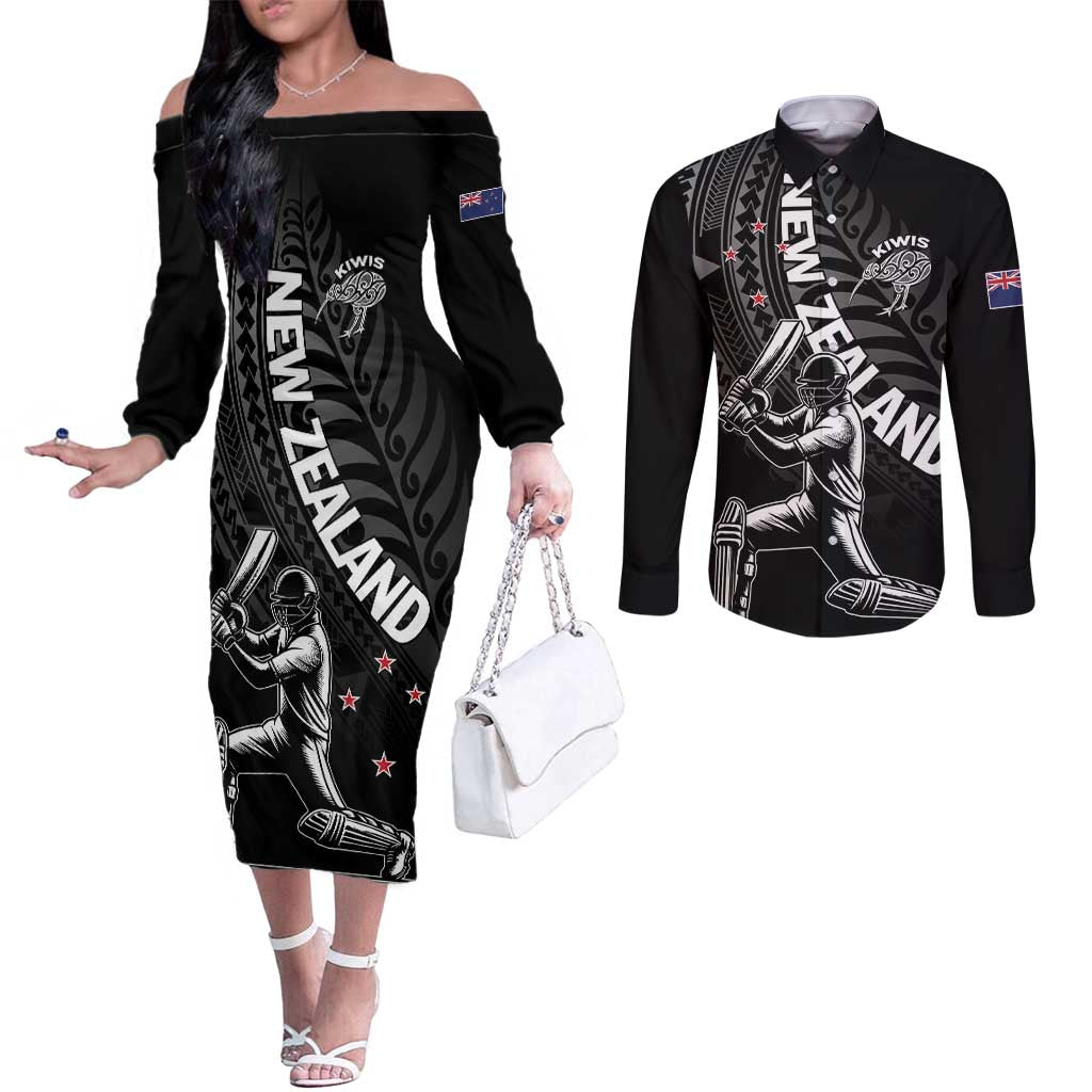 Custom New Zealand Cricket Couples Matching Off The Shoulder Long Sleeve Dress and Long Sleeve Button Shirt Maori Kiwi Black Fern LT01 Black - Polynesian Pride