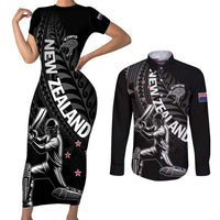 Custom New Zealand Cricket Couples Matching Short Sleeve Bodycon Dress and Long Sleeve Button Shirt Maori Kiwi Black Fern LT01 Black - Polynesian Pride
