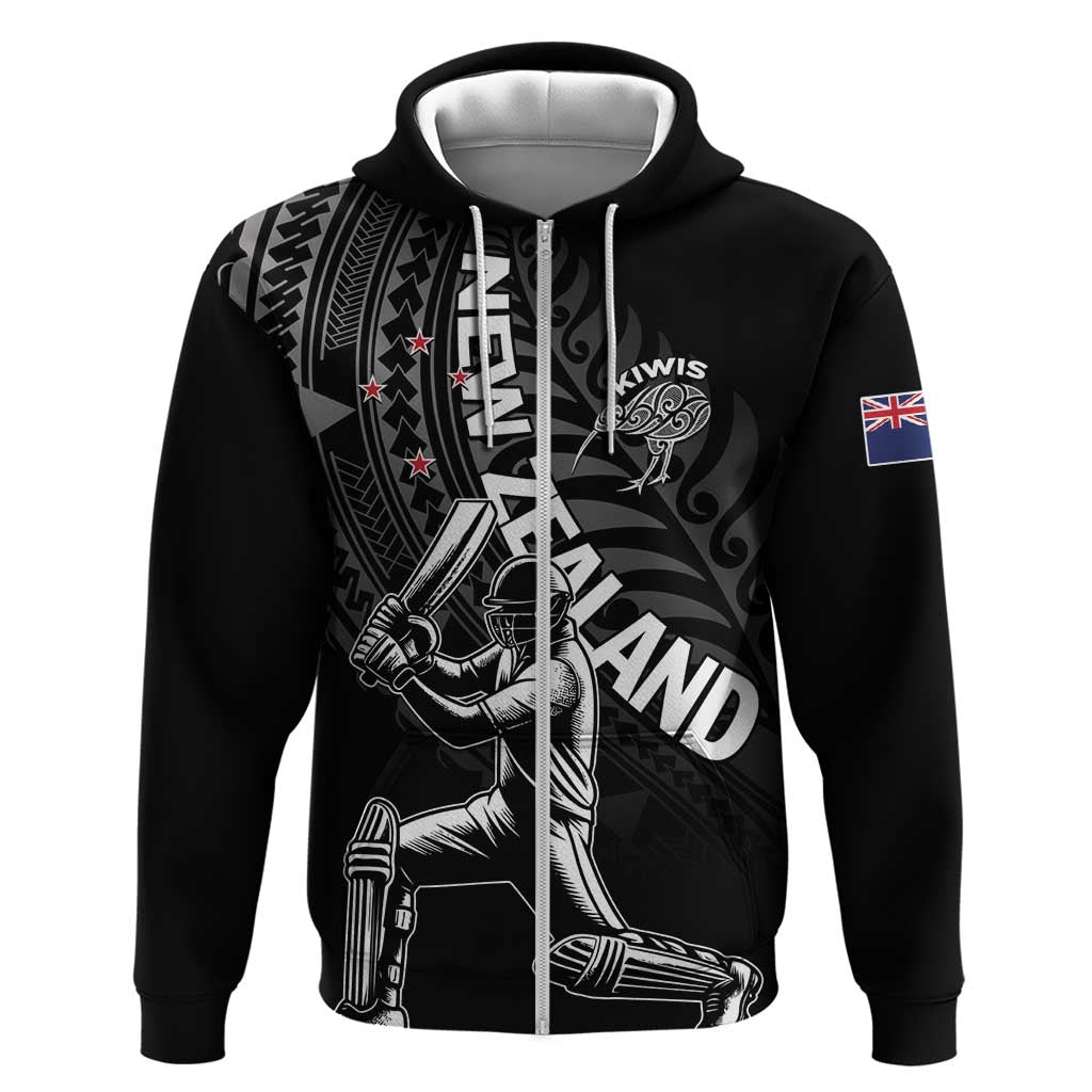 Custom New Zealand Cricket Zip Hoodie Maori Kiwi Black Fern
