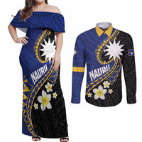 Personalised Nauru Couples Matching Off Shoulder Maxi Dress and Long Sleeve Button Shirt Naoero Proud Plumeria