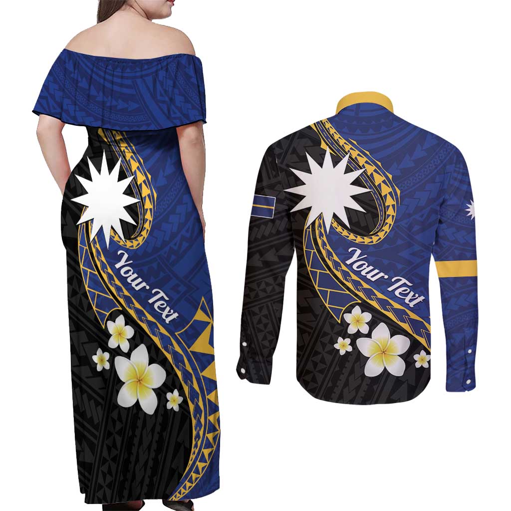 Personalised Nauru Couples Matching Off Shoulder Maxi Dress and Long Sleeve Button Shirt Naoero Proud Plumeria