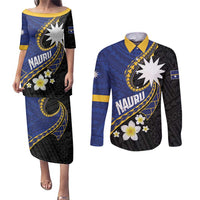 Personalised Nauru Couples Matching Puletasi and Long Sleeve Button Shirt Naoero Proud Plumeria