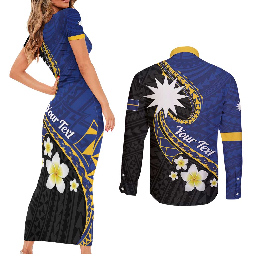 Personalised Nauru Couples Matching Short Sleeve Bodycon Dress and Long Sleeve Button Shirt Naoero Proud Plumeria