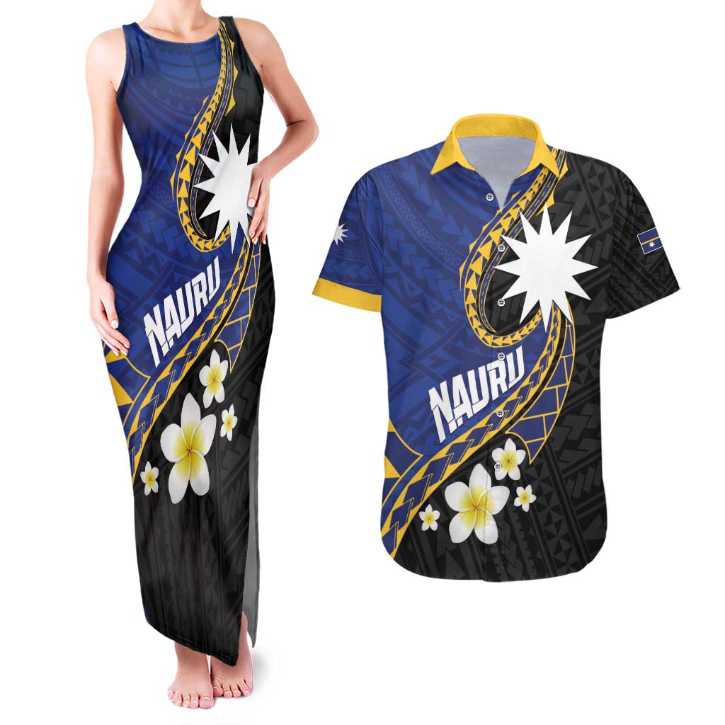 Personalised Nauru Couples Matching Tank Maxi Dress and Hawaiian Shirt Naoero Proud Plumeria