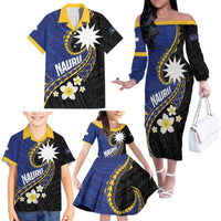 Personalised Nauru Family Matching Off The Shoulder Long Sleeve Dress and Hawaiian Shirt Naoero Proud Plumeria