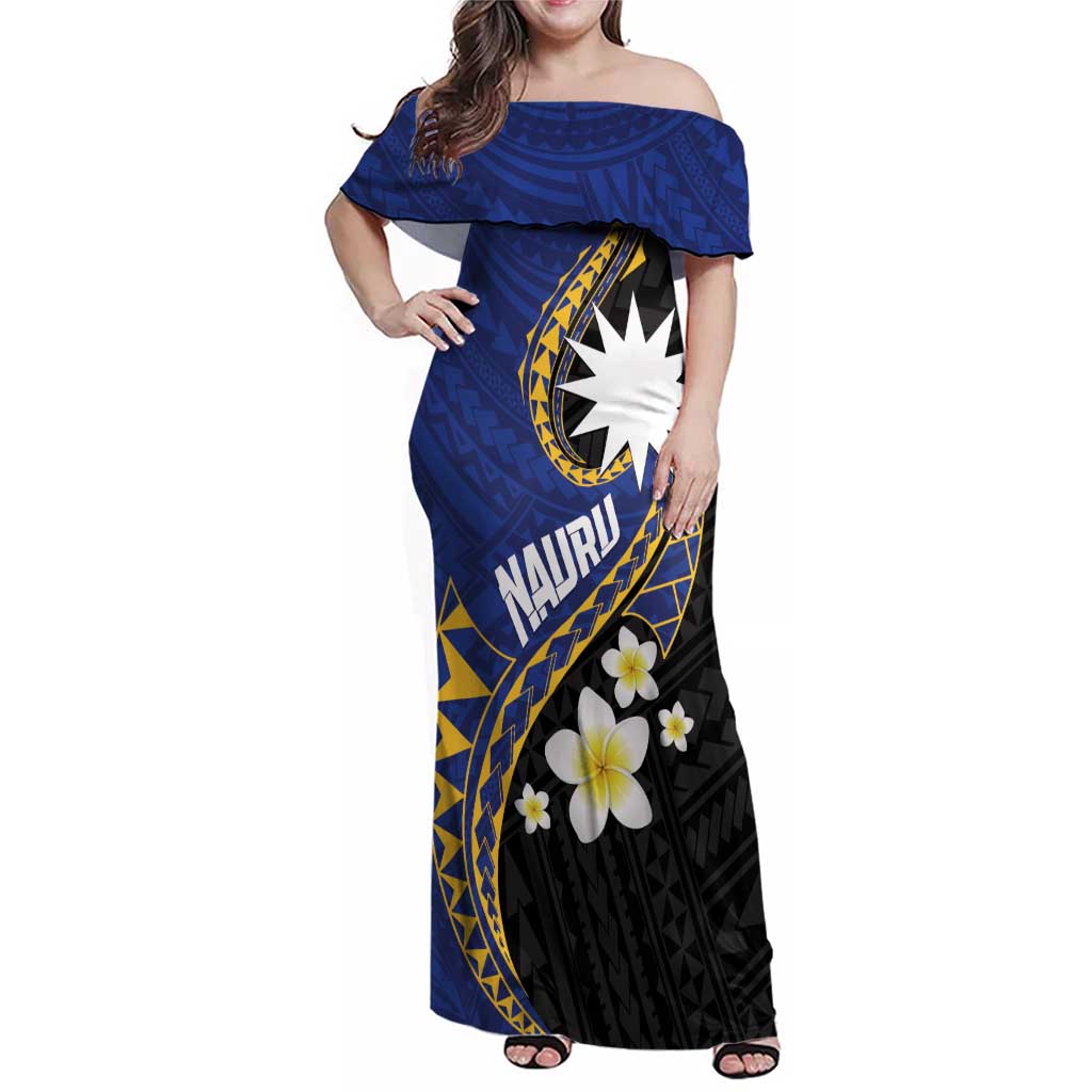 Personalised Nauru Family Matching Off Shoulder Maxi Dress and Hawaiian Shirt Naoero Proud Plumeria