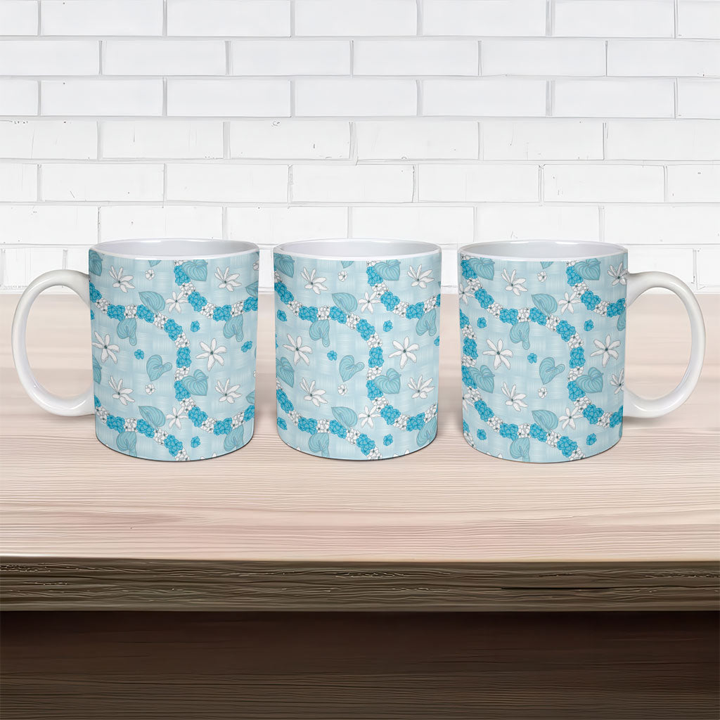 Hawaii Anthurium Tiare Pikake Lei Ceramic Mug UliUli Lauhala Art Pattern