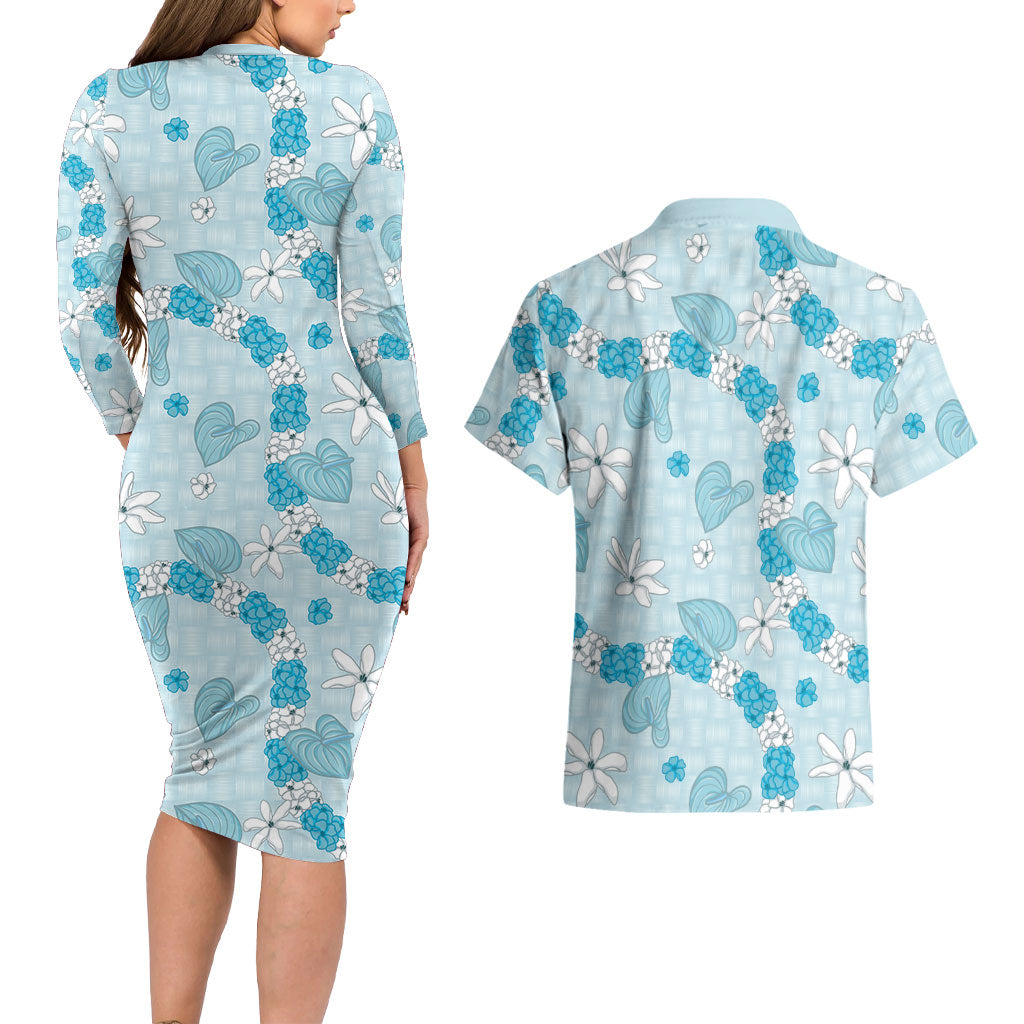 Hawaii Anthurium Tiare Pikake Lei Couples Matching Long Sleeve Bodycon Dress and Hawaiian Shirt UliUli Lauhala Art Pattern