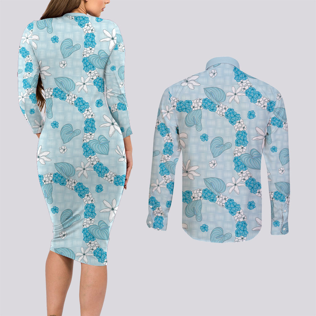 Hawaii Anthurium Tiare Pikake Lei Couples Matching Long Sleeve Bodycon Dress and Long Sleeve Button Shirt UliUli Lauhala Art Pattern