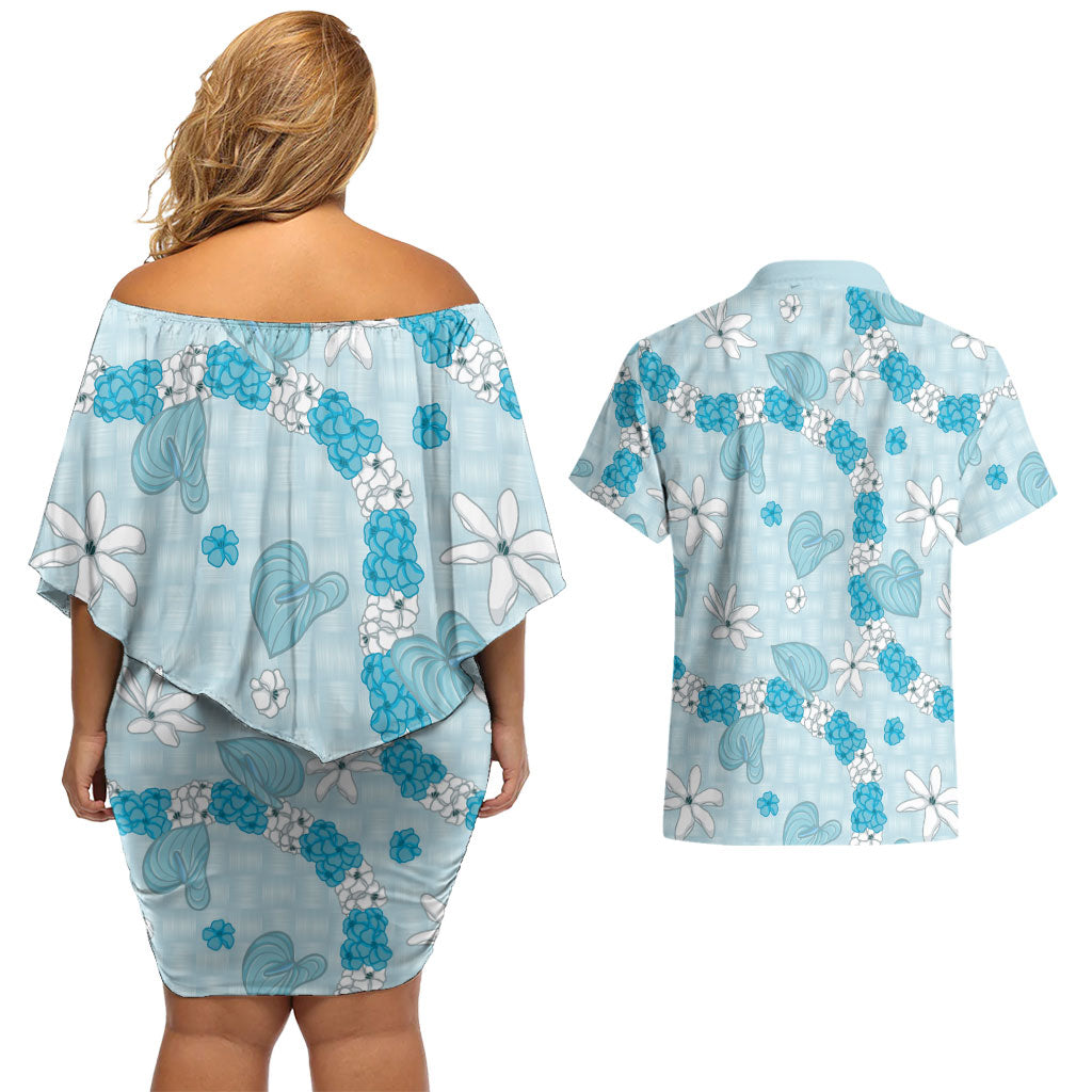 Hawaii Anthurium Tiare Pikake Lei Couples Matching Off Shoulder Short Dress and Hawaiian Shirt UliUli Lauhala Art Pattern
