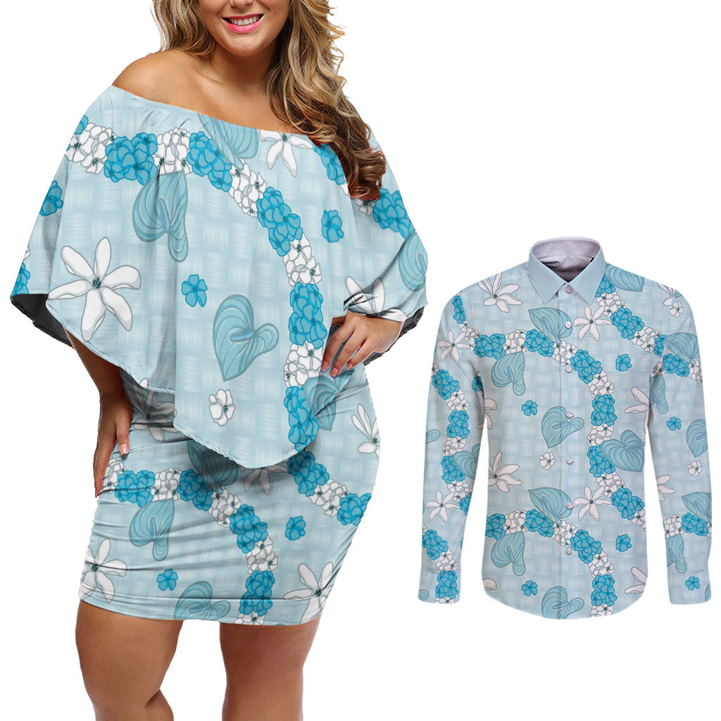Hawaii Anthurium Tiare Pikake Lei Couples Matching Off Shoulder Short Dress and Long Sleeve Button Shirt UliUli Lauhala Art Pattern