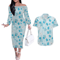 Hawaii Anthurium Tiare Pikake Lei Couples Matching Off The Shoulder Long Sleeve Dress and Hawaiian Shirt UliUli Lauhala Art Pattern