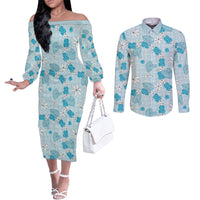 Hawaii Anthurium Tiare Pikake Lei Couples Matching Off The Shoulder Long Sleeve Dress and Long Sleeve Button Shirt UliUli Lauhala Art Pattern