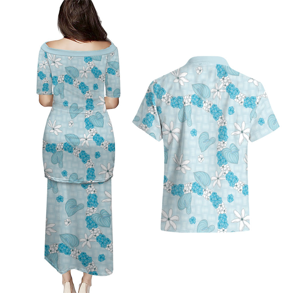 Hawaii Anthurium Tiare Pikake Lei Couples Matching Puletasi and Hawaiian Shirt UliUli Lauhala Art Pattern