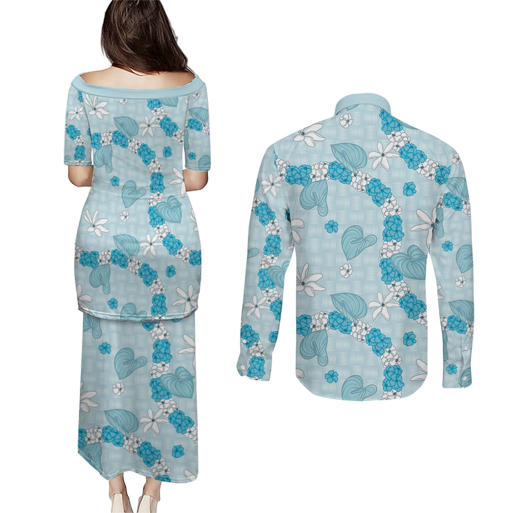 Hawaii Anthurium Tiare Pikake Lei Couples Matching Puletasi and Long Sleeve Button Shirt UliUli Lauhala Art Pattern