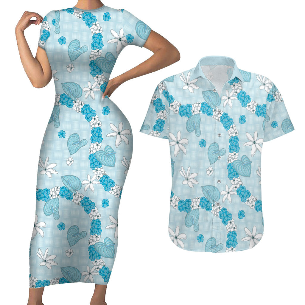 Hawaii Anthurium Tiare Pikake Lei Couples Matching Short Sleeve Bodycon Dress and Hawaiian Shirt UliUli Lauhala Art Pattern