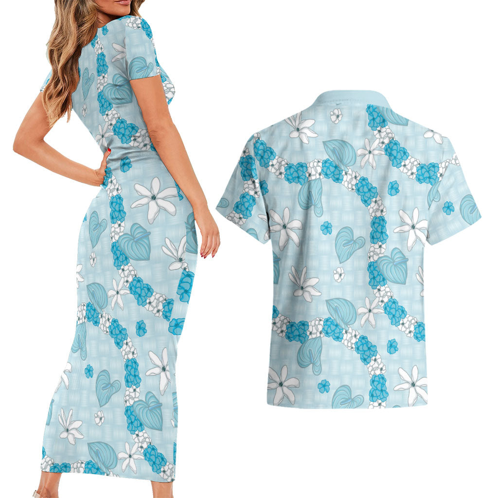 Hawaii Anthurium Tiare Pikake Lei Couples Matching Short Sleeve Bodycon Dress and Hawaiian Shirt UliUli Lauhala Art Pattern