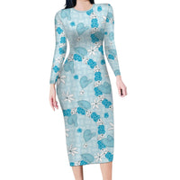 Hawaii Anthurium Tiare Pikake Lei Family Matching Long Sleeve Bodycon Dress and Hawaiian Shirt UliUli Lauhala Art Pattern LT01 Mom's Dress Blue - Polynesian Pride