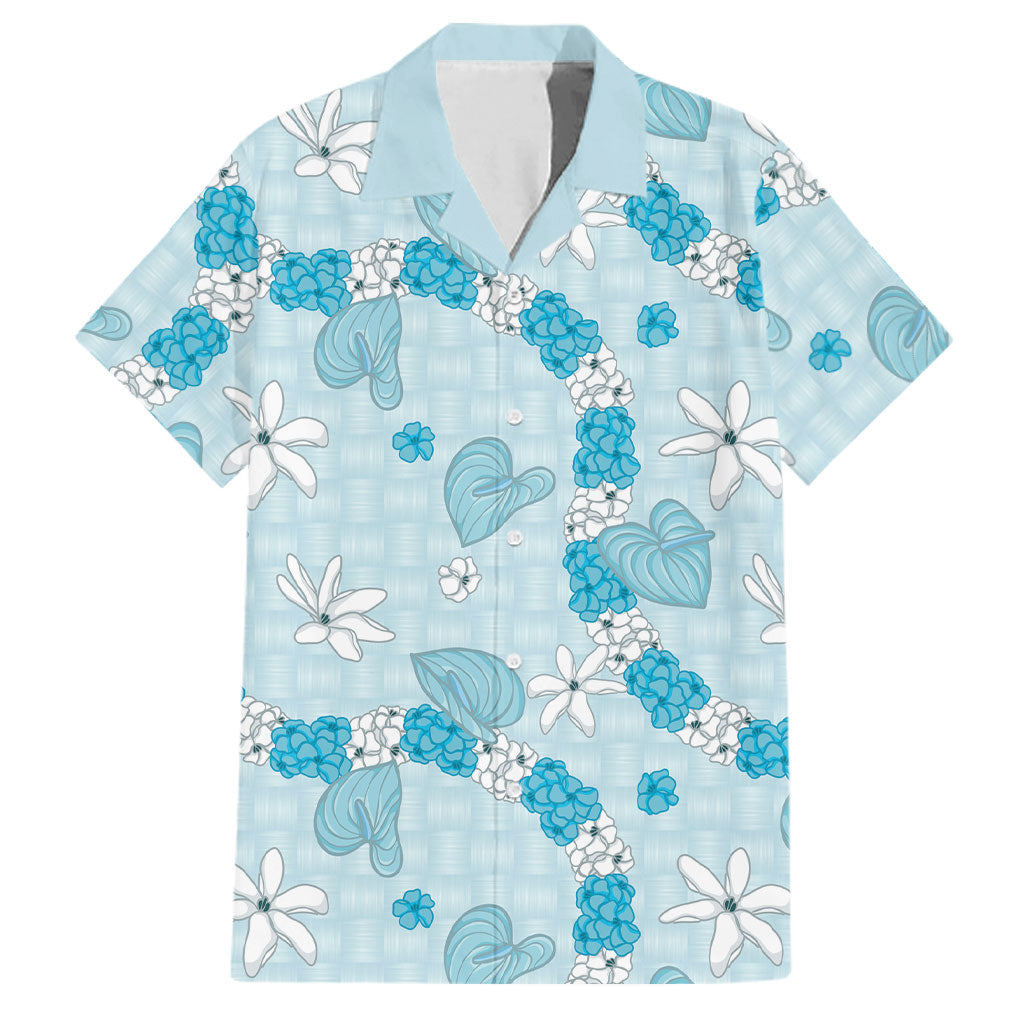 Hawaii Anthurium Tiare Pikake Lei Family Matching Mermaid Dress and Hawaiian Shirt UliUli Lauhala Art Pattern LT01 Dad's Shirt - Short Sleeve Blue - Polynesian Pride