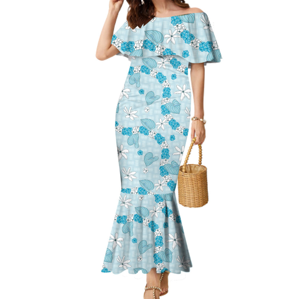 Hawaii Anthurium Tiare Pikake Lei Family Matching Mermaid Dress and Hawaiian Shirt UliUli Lauhala Art Pattern LT01 Mom's Dress Blue - Polynesian Pride