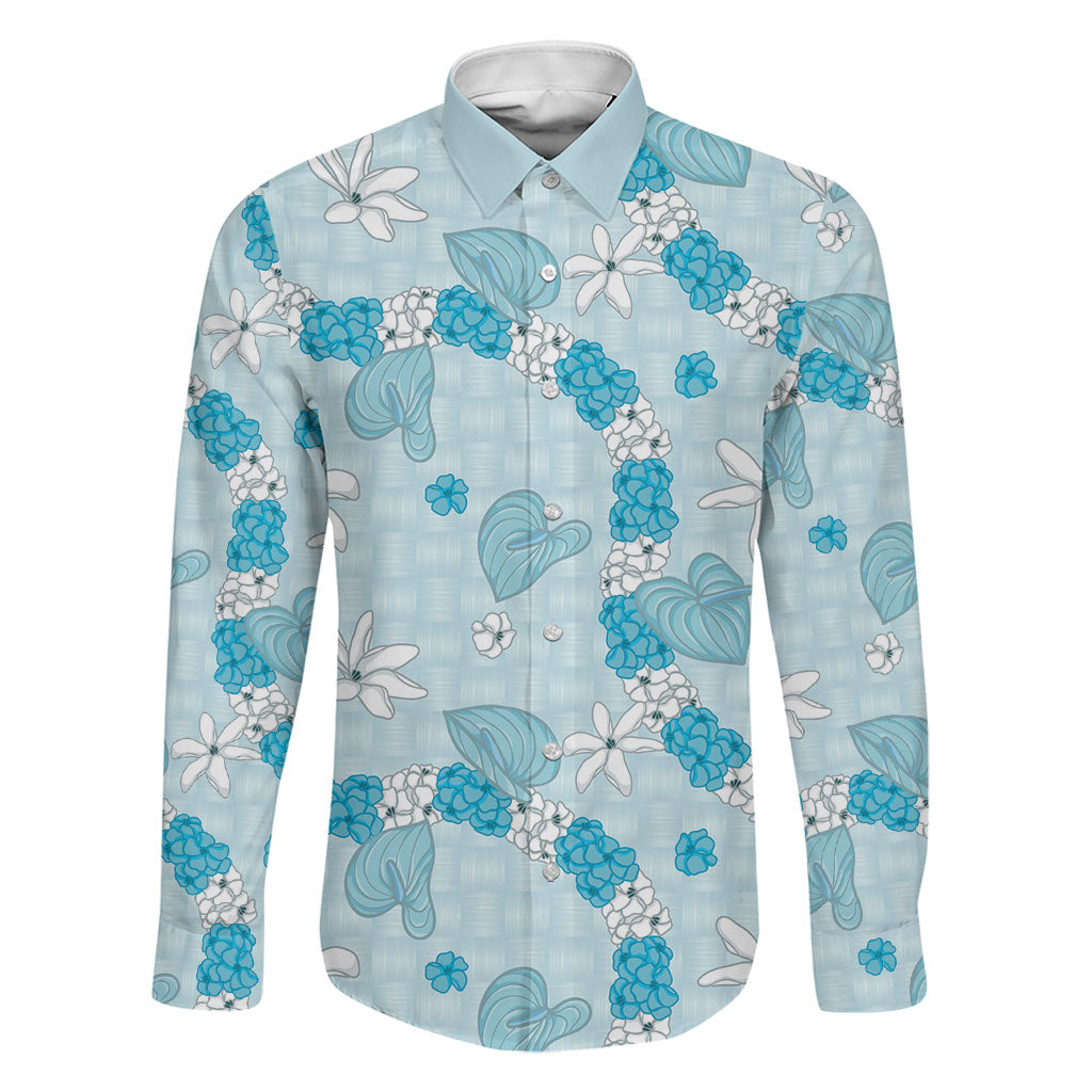 Hawaii Anthurium Tiare Pikake Lei Family Matching Short Sleeve Bodycon Dress and Hawaiian Shirt UliUli Lauhala Art Pattern LT01 Dad's Shirt - Long Sleeve Blue - Polynesian Pride