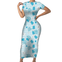 Hawaii Anthurium Tiare Pikake Lei Family Matching Short Sleeve Bodycon Dress and Hawaiian Shirt UliUli Lauhala Art Pattern LT01 Mom's Dress Blue - Polynesian Pride
