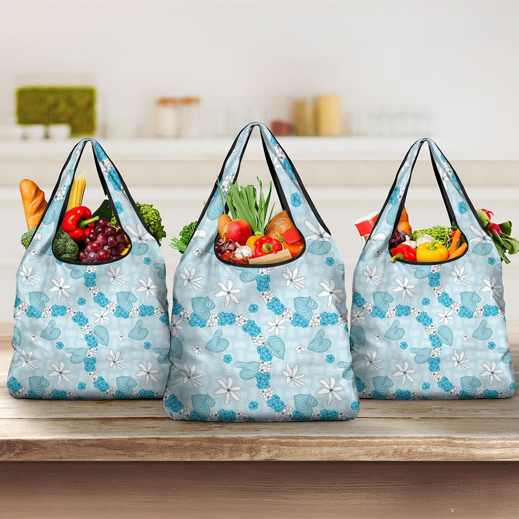 Hawaii Anthurium Tiare Pikake Lei Grocery Bag UliUli Lauhala Art Pattern