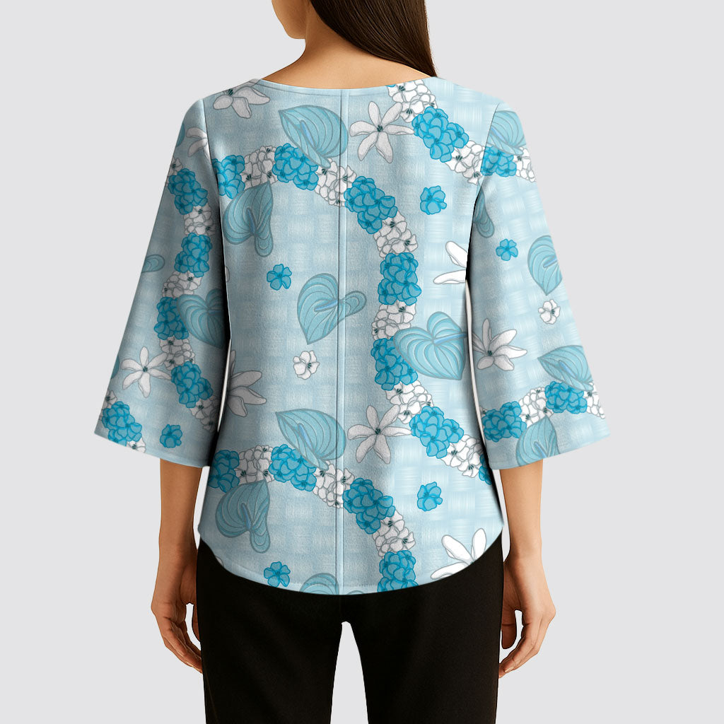 Hawaii Anthurium Tiare Pikake Lei Kimono Sleeve Blouse UliUli Lauhala Art Pattern