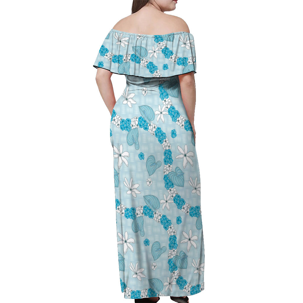 Hawaii Anthurium Tiare Pikake Lei Off Shoulder Maxi Dress UliUli Lauhala Art Pattern