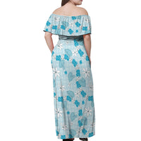 Hawaii Anthurium Tiare Pikake Lei Off Shoulder Maxi Dress UliUli Lauhala Art Pattern