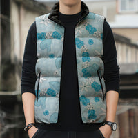 Hawaii Anthurium Tiare Pikake Lei Sleeveless Puffer Jacket UliUli Lauhala Art Pattern