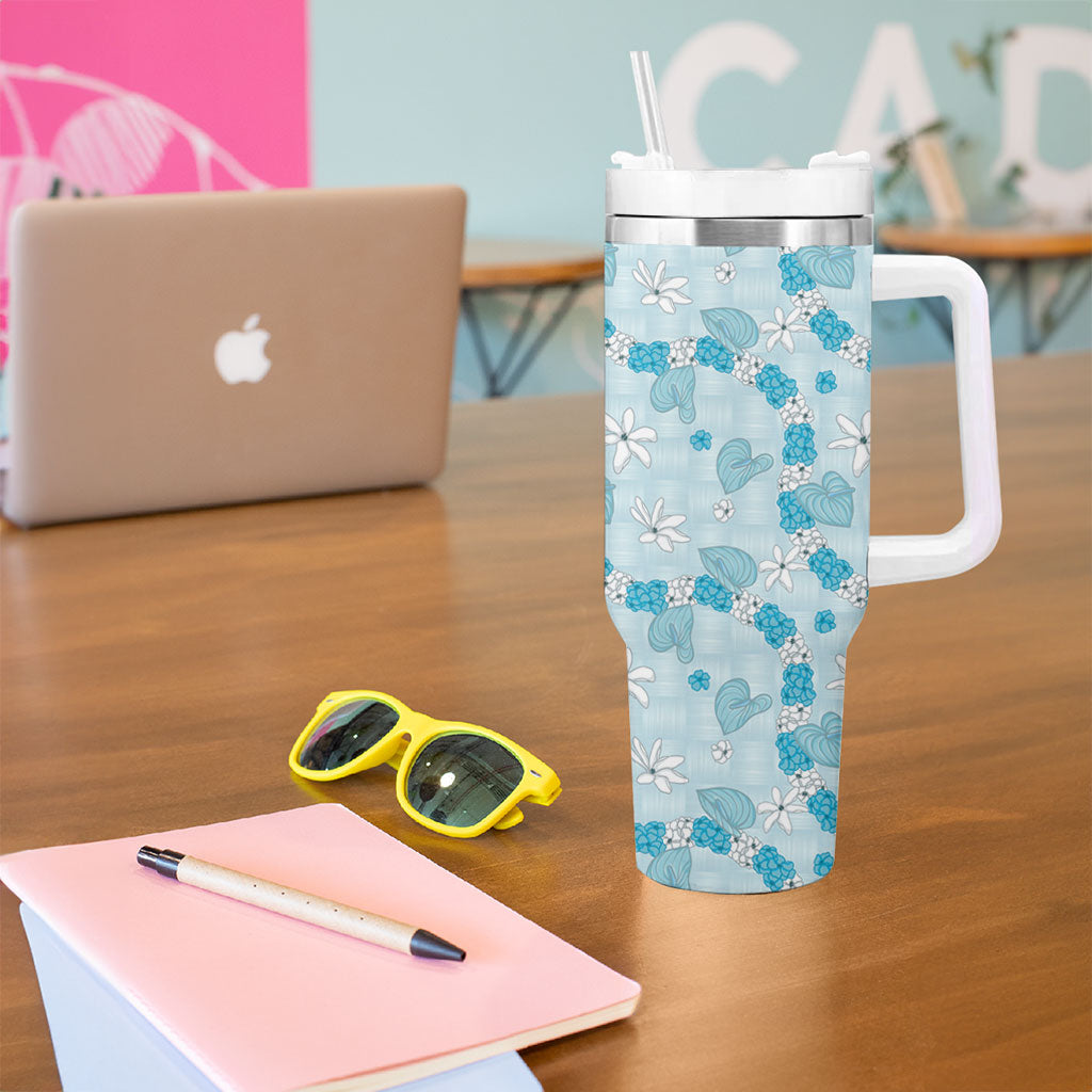 Hawaii Anthurium Tiare Pikake Lei Tumbler With Handle UliUli Lauhala Art Pattern