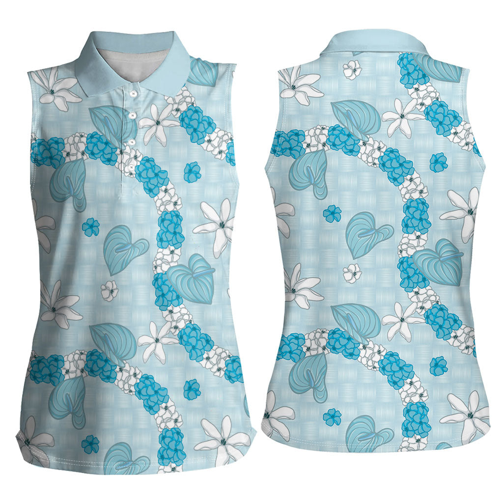 Hawaii Anthurium Tiare Pikake Lei Women Sleeveless Polo Shirt UliUli Lauhala Art Pattern