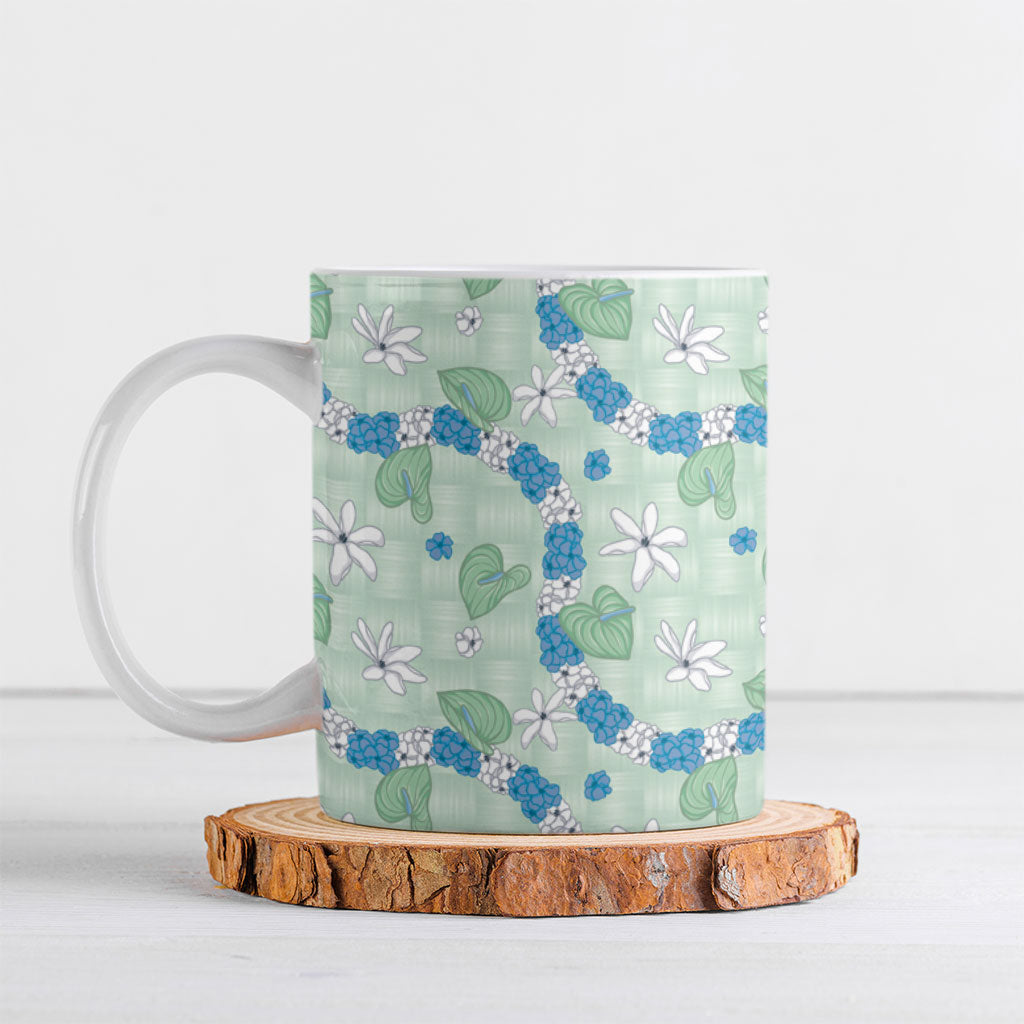 Hawaii Anthurium Tiare Pikake Lei Ceramic Mug Omaomao Lauhala Art Pattern