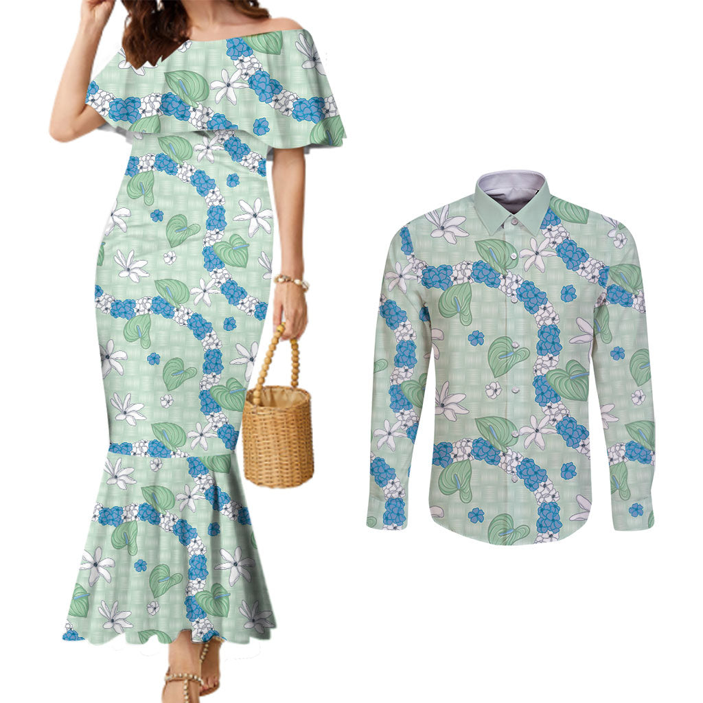 Hawaii Anthurium Tiare Pikake Lei Couples Matching Mermaid Dress and Long Sleeve Button Shirt Omaomao Lauhala Art Pattern LT01 Green - Polynesian Pride