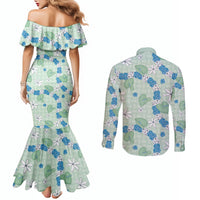 Hawaii Anthurium Tiare Pikake Lei Couples Matching Mermaid Dress and Long Sleeve Button Shirt Omaomao Lauhala Art Pattern LT01 - Polynesian Pride