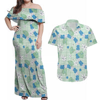 Hawaii Anthurium Tiare Pikake Lei Couples Matching Off Shoulder Maxi Dress and Hawaiian Shirt Omaomao Lauhala Art Pattern LT01 Green - Polynesian Pride