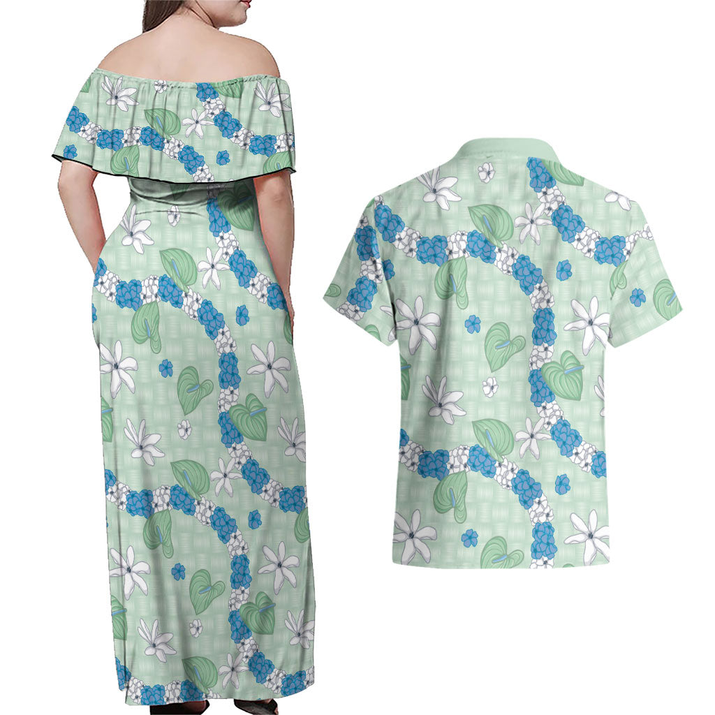 Hawaii Anthurium Tiare Pikake Lei Couples Matching Off Shoulder Maxi Dress and Hawaiian Shirt Omaomao Lauhala Art Pattern LT01 - Polynesian Pride