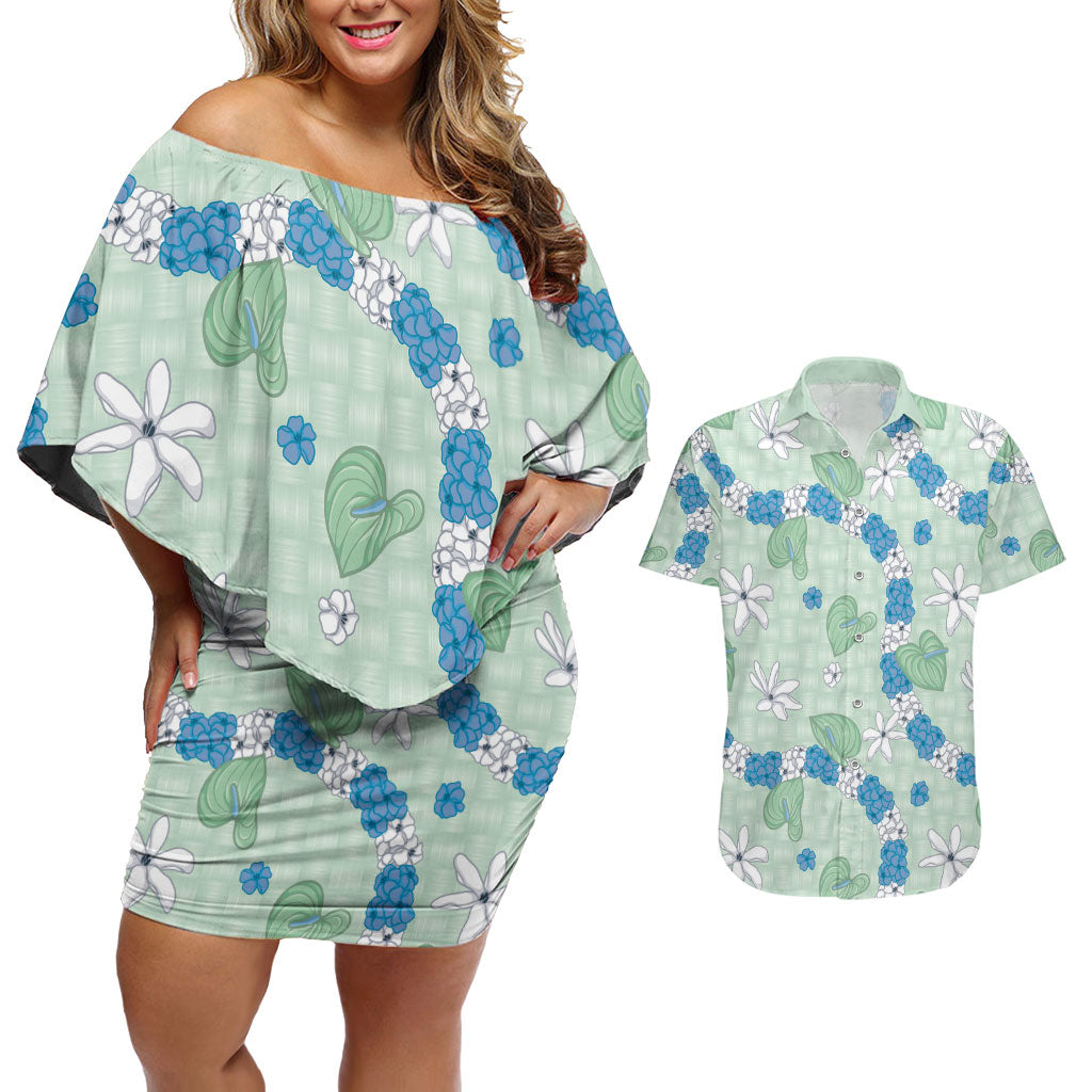 Hawaii Anthurium Tiare Pikake Lei Couples Matching Off Shoulder Short Dress and Hawaiian Shirt Omaomao Lauhala Art Pattern