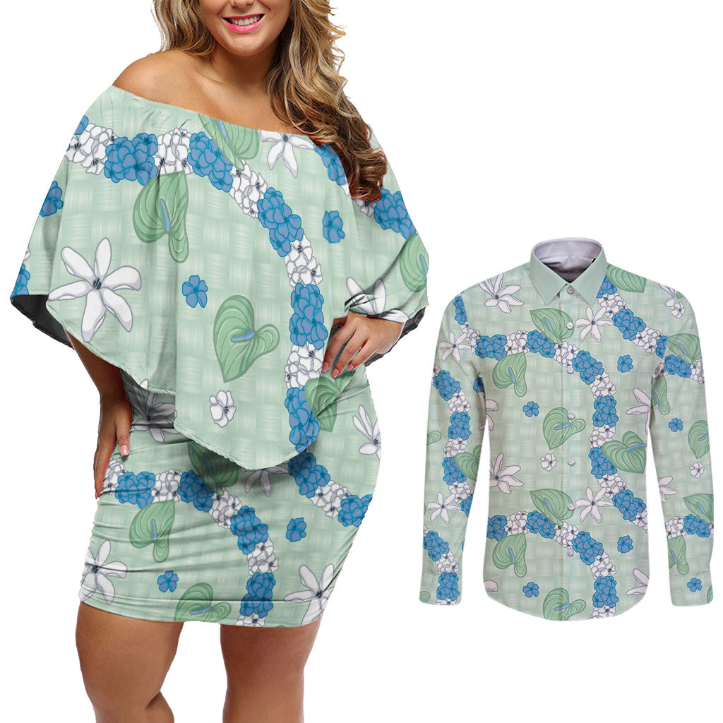 Hawaii Anthurium Tiare Pikake Lei Couples Matching Off Shoulder Short Dress and Long Sleeve Button Shirt Omaomao Lauhala Art Pattern